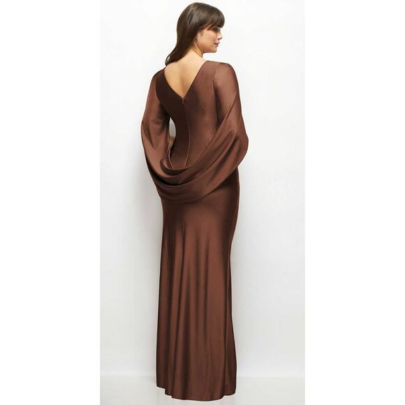 After Six 6897 Cognac Draped Stretch Satin Maxi Dress with Built-in Capelet XXL - Picture 2 of 5